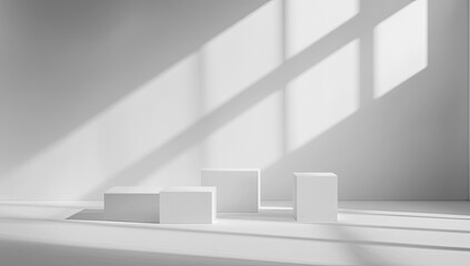 Fototapeta premium Minimalist white room with sunlit cubes