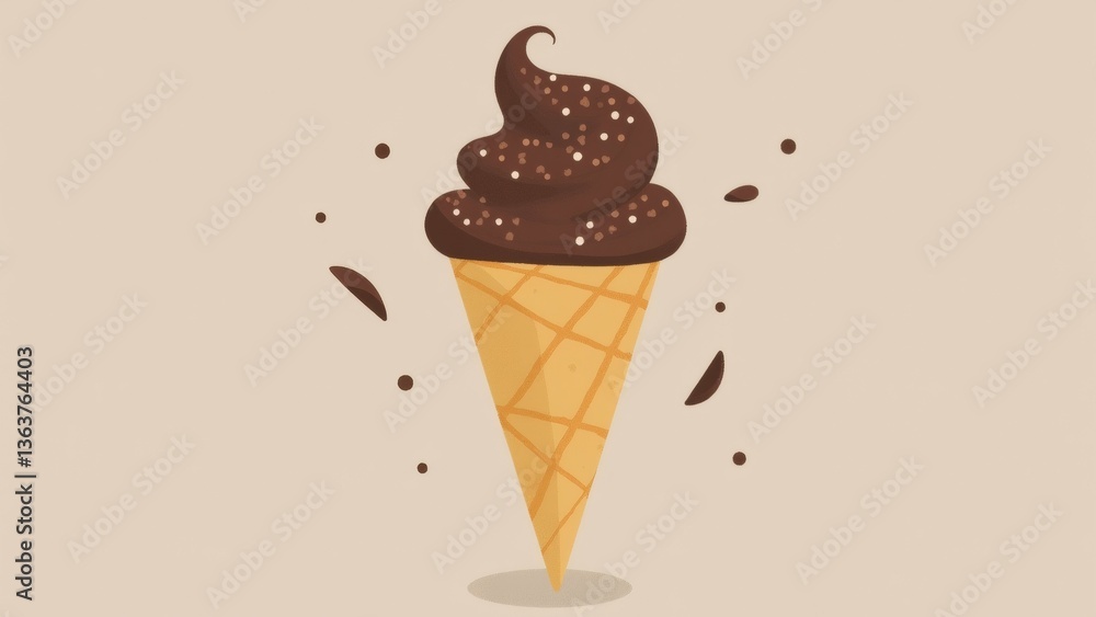 Poster illustration ice cream cone cone light brown color has waffle like texture top cone swirl chocolate 