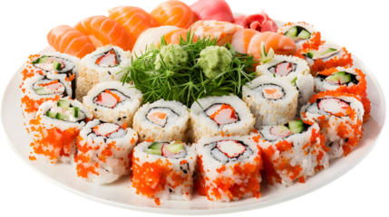 Sushi platter with assorted rolls and sashimi