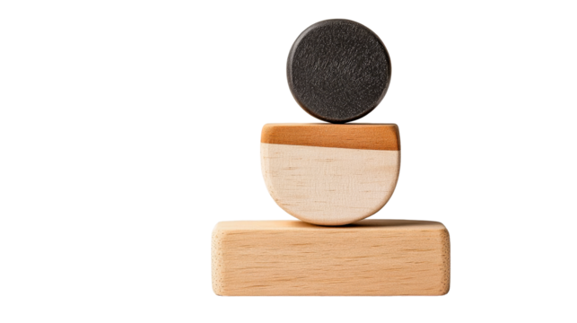 Wooden blocks composition on black background, cut out transparent