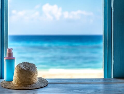 Travel locker contains tropical vacation necessities such as a beach hat, swimsuit, and sunscreen, embodying a summer atmosphere