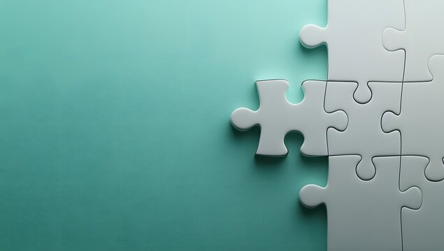 Puzzle pieces connecting on a serene turquoise background creating a sense of completion and harmony in the moment of assembly