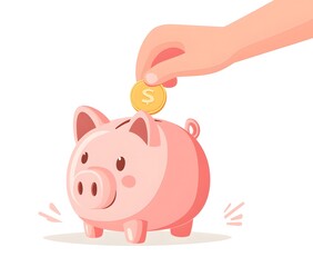 Fototapeta premium Hand placing a coin into a cheerful pink piggy bank in a bright, vibrant setting inspires saving and financial growth