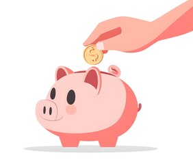 Fototapeta premium Hand placing a coin into a cute piggy bank symbolizes saving money and building financial security for future prosperity