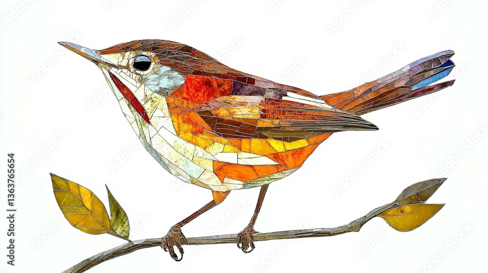 Poster a mosaic depiction of a songbird on a slender tree branch