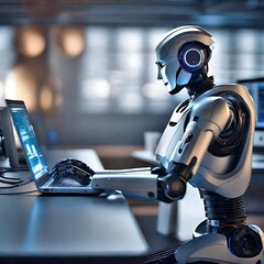 Robot Android Computer Laptop Office artificial intelligence. cybernetic A robot sits at a futuristic desk with a computer, blue lighting, and a laptop. Working on the keyboard