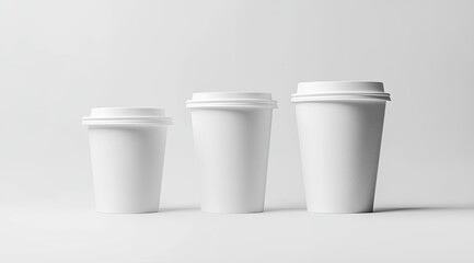 Three blank disposable coffee cups in a row