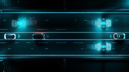 Cars Traveling on Road with Futuristic Technology Displayed Above Them