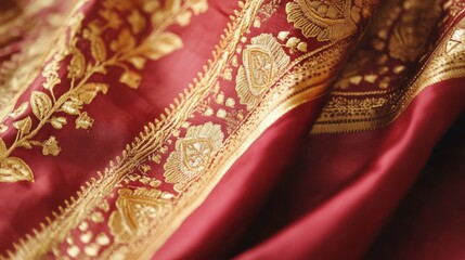 An elegant Indian saree with golden embroidery, graceful draping --ar 16:9 --v 6.1 Job ID: 55c1ccc5-e363-4caa-b8b7-5471e21bb23d