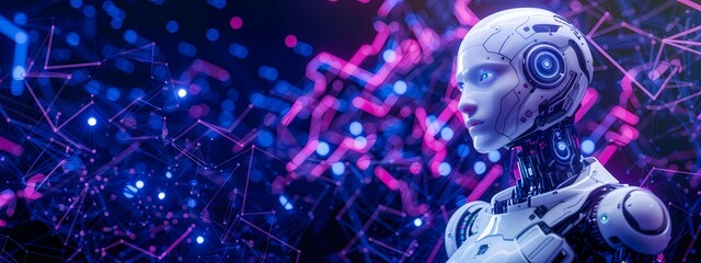 Obraz premium 3D humanoid AI robot metaverse cyberspace digital world background revolution artificial intelligence automated digital technology industry 4.0, humanoid concept Neural Connections Cybernetic Networks