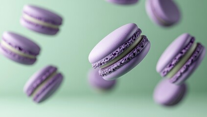 Delicate Lavender Macarons in Mid-Air