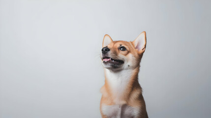 Playful Shiba Inu Puppy Looking Up Against Light Grey Background