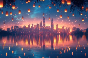 Fototapeta premium Enchanting Skyline with Lanterns Illuminating a Tranquil Lake Reflection
