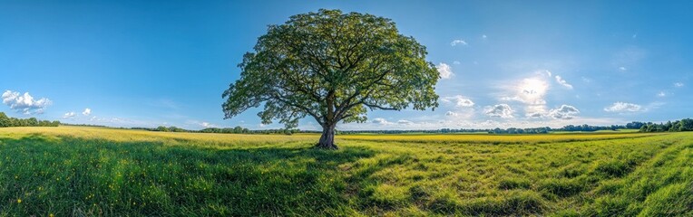 Fototapeta premium A large solitary tree stands in a wide open green field