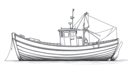 Fishing boat at sea, coastal illustration, nautical design