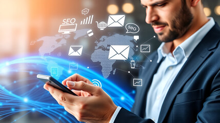 Businessman using smartphone with global digital marketing concepts, including SEO, email, social networks, mobile apps, and blue light waves on the virtual globe