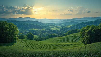 Fototapeta premium Serene Sunset Over Rolling Green Hills