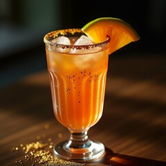 close glass orange colored drink wooden table glass tall slender wide base narrow neck filled ice cubes has slice orange rim drink appears cocktail similar type alcoholic beverage background blurred