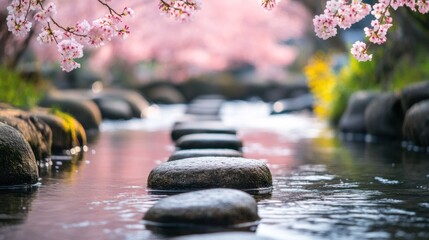 Tranquil spring scene: Stepping stones crossing a shallow river under cherry blossoms