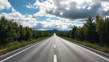 Fototapeta premium Empty asphalt highway stretches into a distant mountain range, framed by trees under a partly cloudy sky