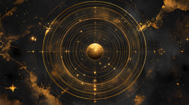 Celestial transmutation circle - top view with golden detail. Eclipsed Transformation. Illustration