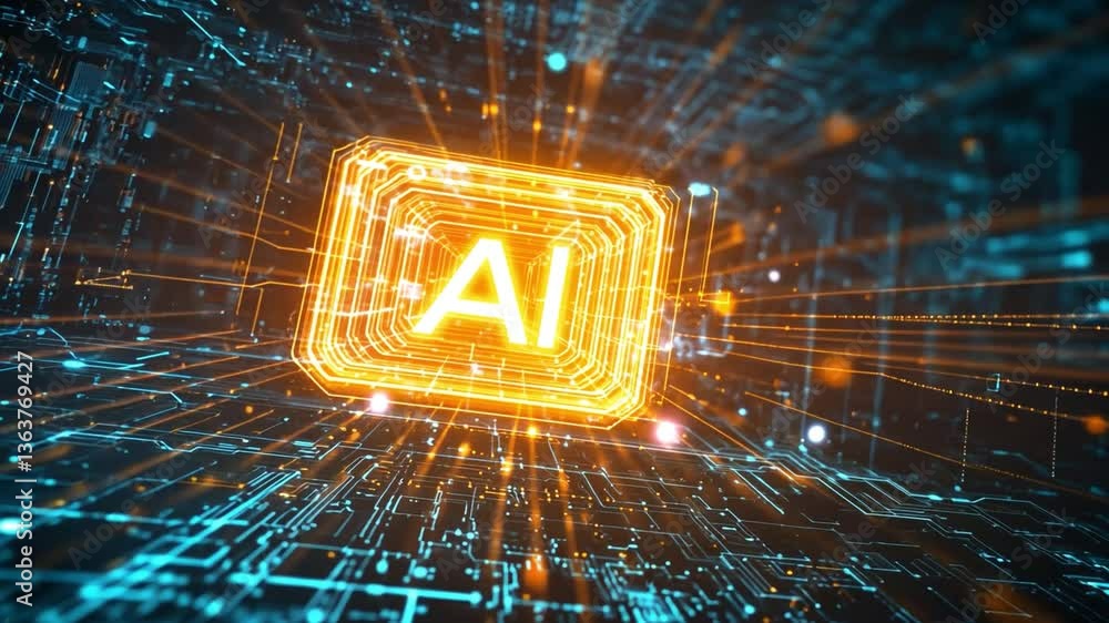 Poster ai chip: an illuminated microchip emblazoned with 'ai' glows brightly within an intricate network of
