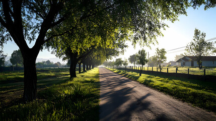 Obraz premium Sunlit Dirt Road Through Rows Of Trees With Lush Green Grass Fields and Houses in Background