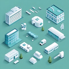 Fototapeta premium Isometric architectural buildings roads and vehicles in a modern city landscape