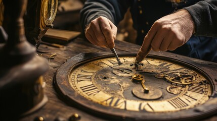 A watchmaker meticulously repairs the intricate inner mechanisms of the clock