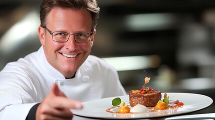 Smiling chef showcasing beautifully presented exquisite gourmet plated dish perfection