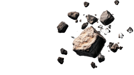 Asteroids floating in deep space isolated on black, cut out transparent