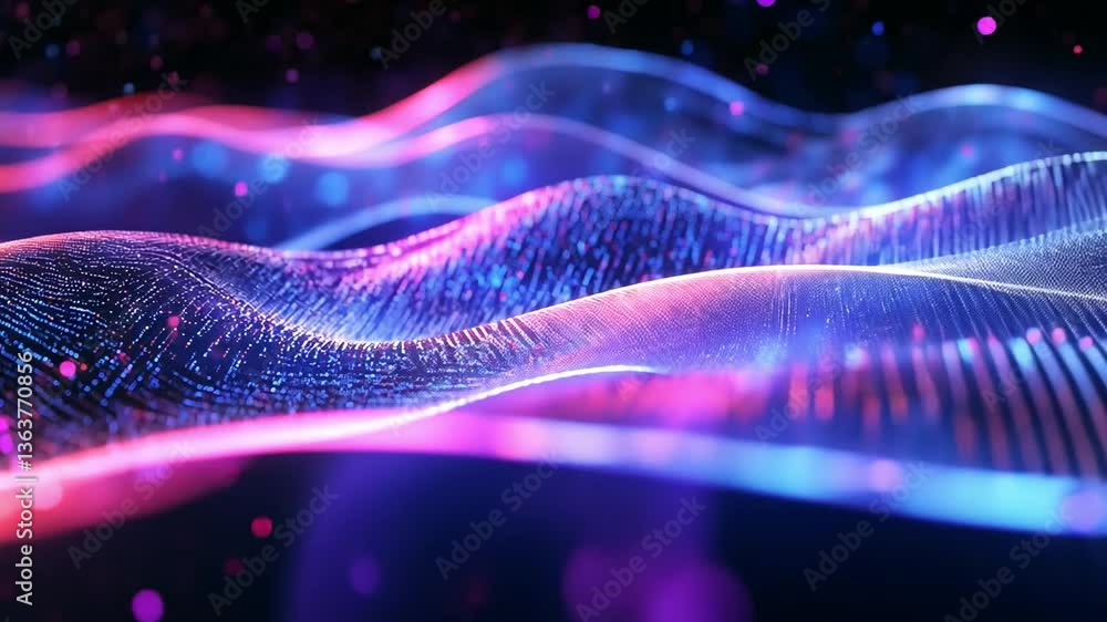 Poster vibrant digital flow: a mesmerizing display of dynamic digital waves flows gracefully with hues of p
