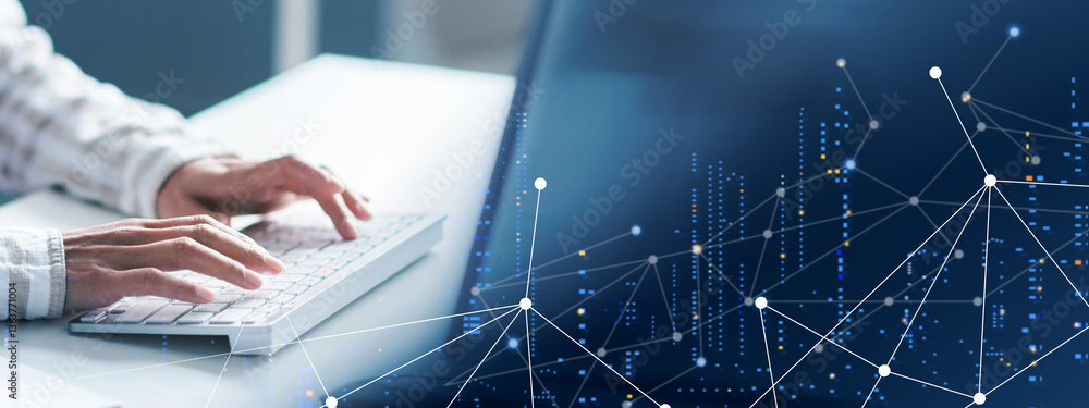Poster unrecognizable woman employee working on computer at desk in office, cropped image of lady typing on