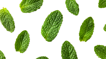 Fresh spearmint leaves against black background, cut out transparent