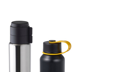 Closeup of two travel mugs on copy-space background.