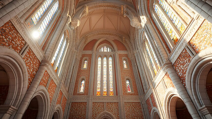 Obraz premium Grand Interior View of a Gothic Church with Stained Glass Windows and Brick Walls illuminated by Sunlight