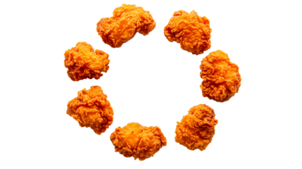 Fried chicken pieces circle arrangement on black background, cut out transparent