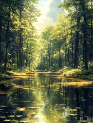 Serene forest landscape with a calm river reflecting sunlight amidst lush greenery