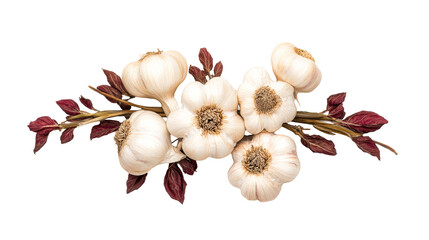 Garlic cloves with maroon leaves display, floral design, cut out transparent