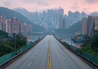 Naklejka premium Empty Highway Hong Kong Skyline Sunrise
