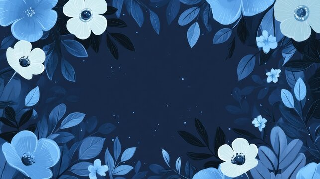 Floral print featuring vintage blue flowers and leaves designed for backgrounds and invitations