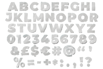 Collection of isolated white torn paper alphabet letters, each casting unique shadows. Perfect for creative projects, these textured characters add a unique, artistic touch to designs and typography