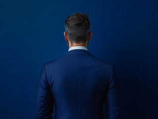 Business professional in suit confident portrait in dark blue setting
