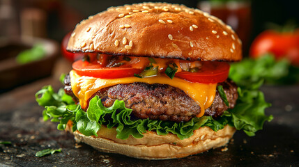 Juicy beef burger with cheddar cheese, fresh lettuce, and ripe tomatoes on a sesame seed bun.