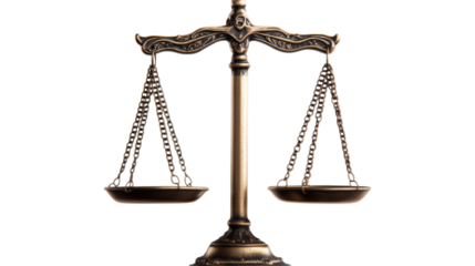 Golden scale of justice with chains, isolated legal symbol, cut out transparent