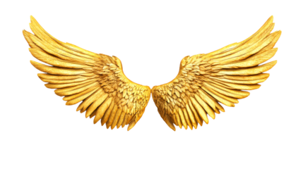 Golden angel wings, feathers spread, mythical, luxurious, angelic, cut out transparent