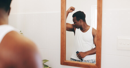 Mirror, cosmetics and man with deodorant smell for underarm hygiene, bad odor and sweat control....