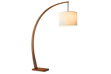 Elegant Wooden Floor Lamp Isolated on Transparent Background. Modern Curved Standing Lamp for Home and Office Lighting.