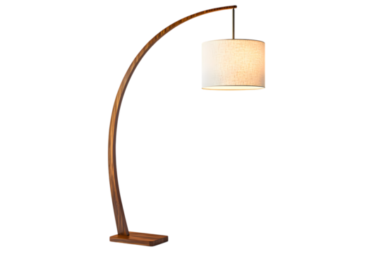 Elegant Wooden Floor Lamp Isolated on Transparent Background. Modern Curved Standing Lamp for Home and Office Lighting.