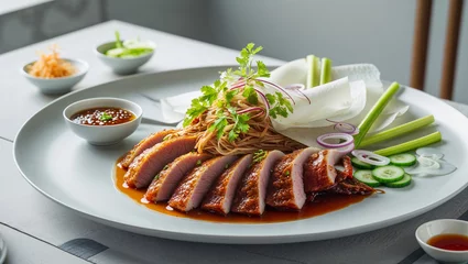delicious peking duck pieces on a plate in a restaurant, traditional chinese food